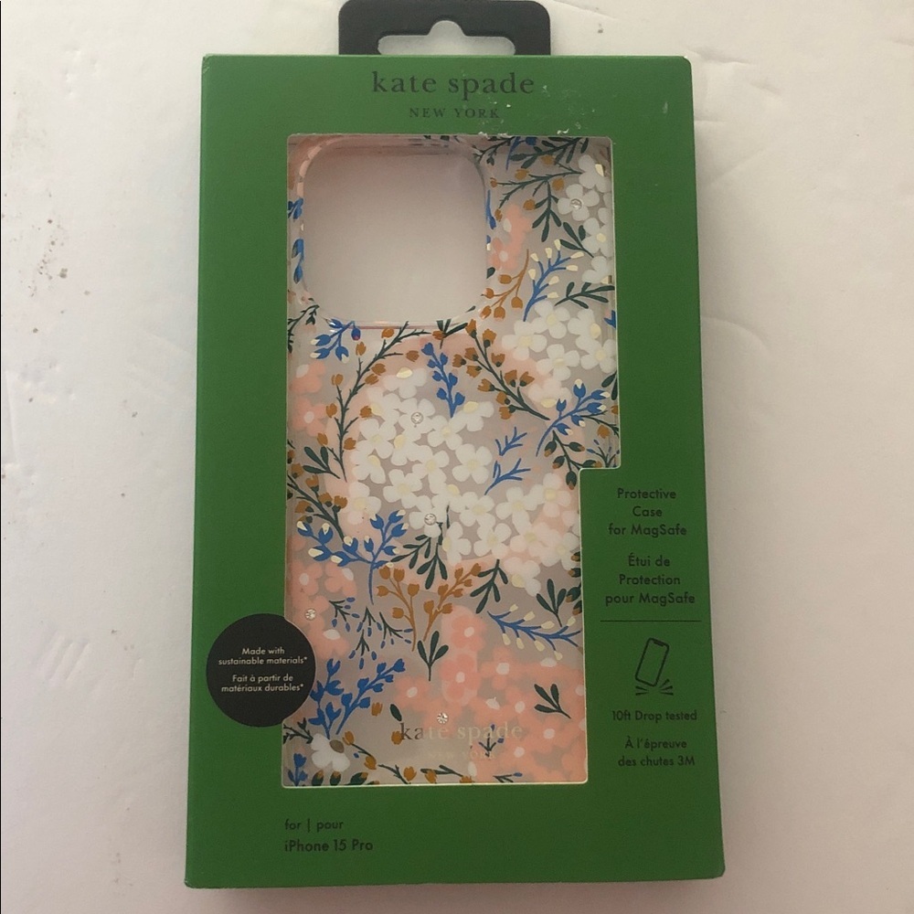NIOB Kate Spade MagSafe iPhone 15 Pro Case - Pink and Blue Floral with Gems